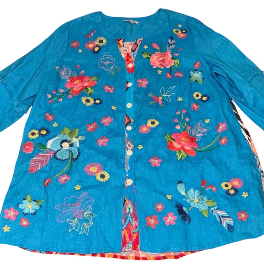John Mark Womens Large Blue Linen Floral Embroidered Boho Button Front Blouse